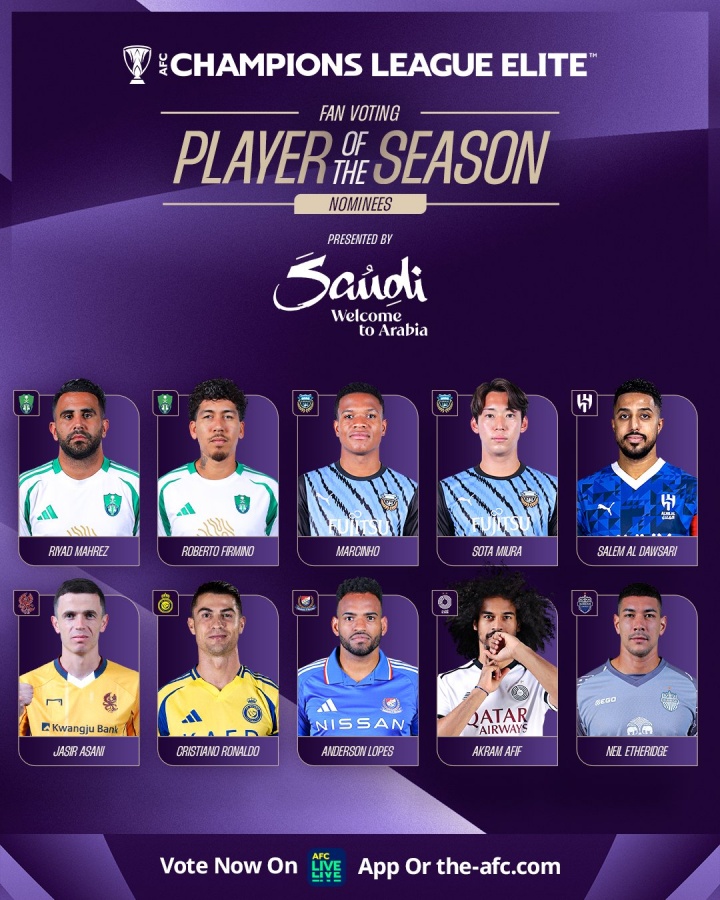 亞冠精英聯(lián)賽賽季最佳球員候選：C羅、馬赫雷斯、菲爾米諾在列